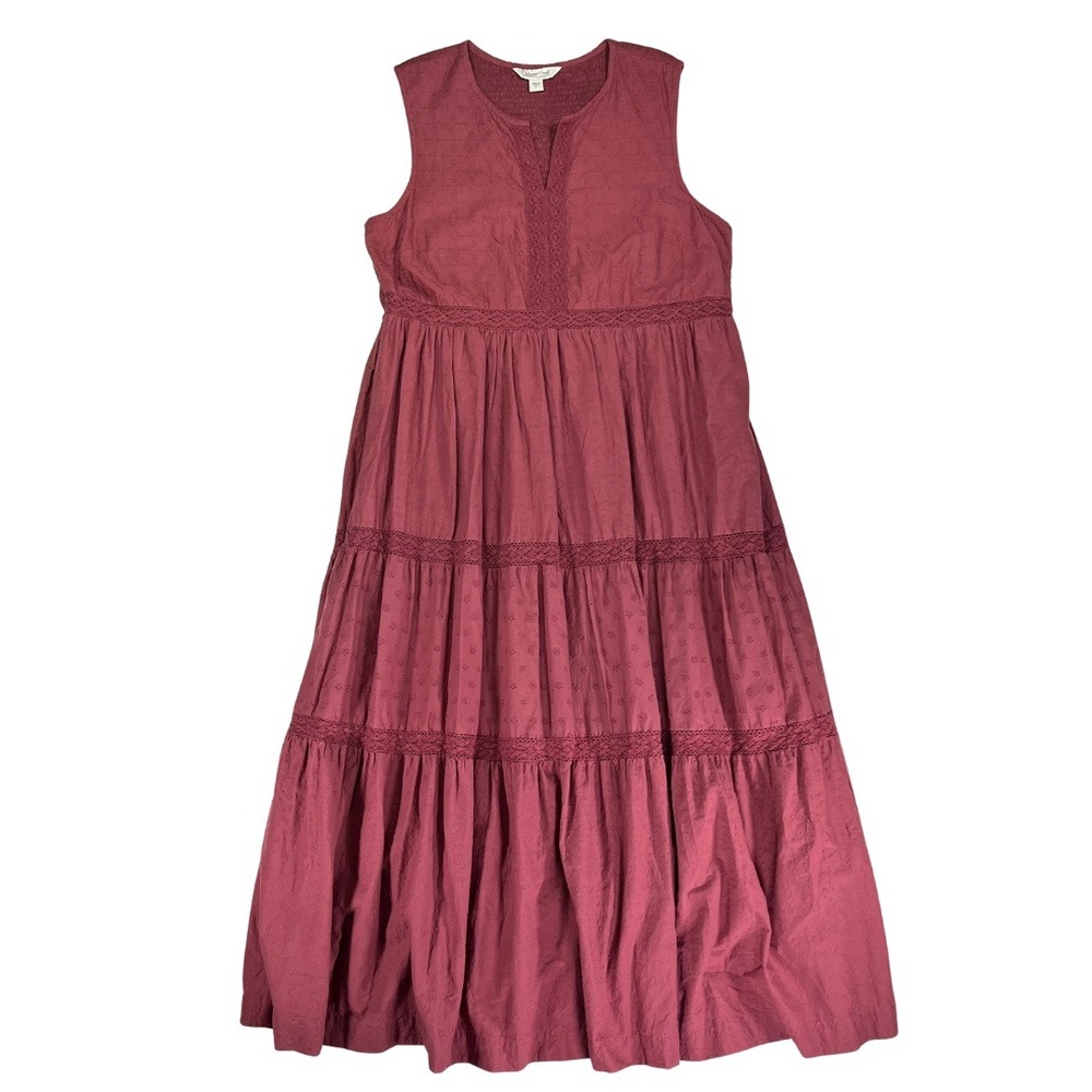 Coldwater Creek L Dusty Rose Cotton Embroidered Tiered Maxi Dress Boho Prairie
